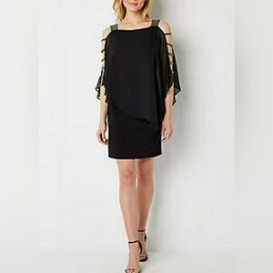 MSK Black Embellished Rhinestone Asymmetrical Cold Shoulder Dress
